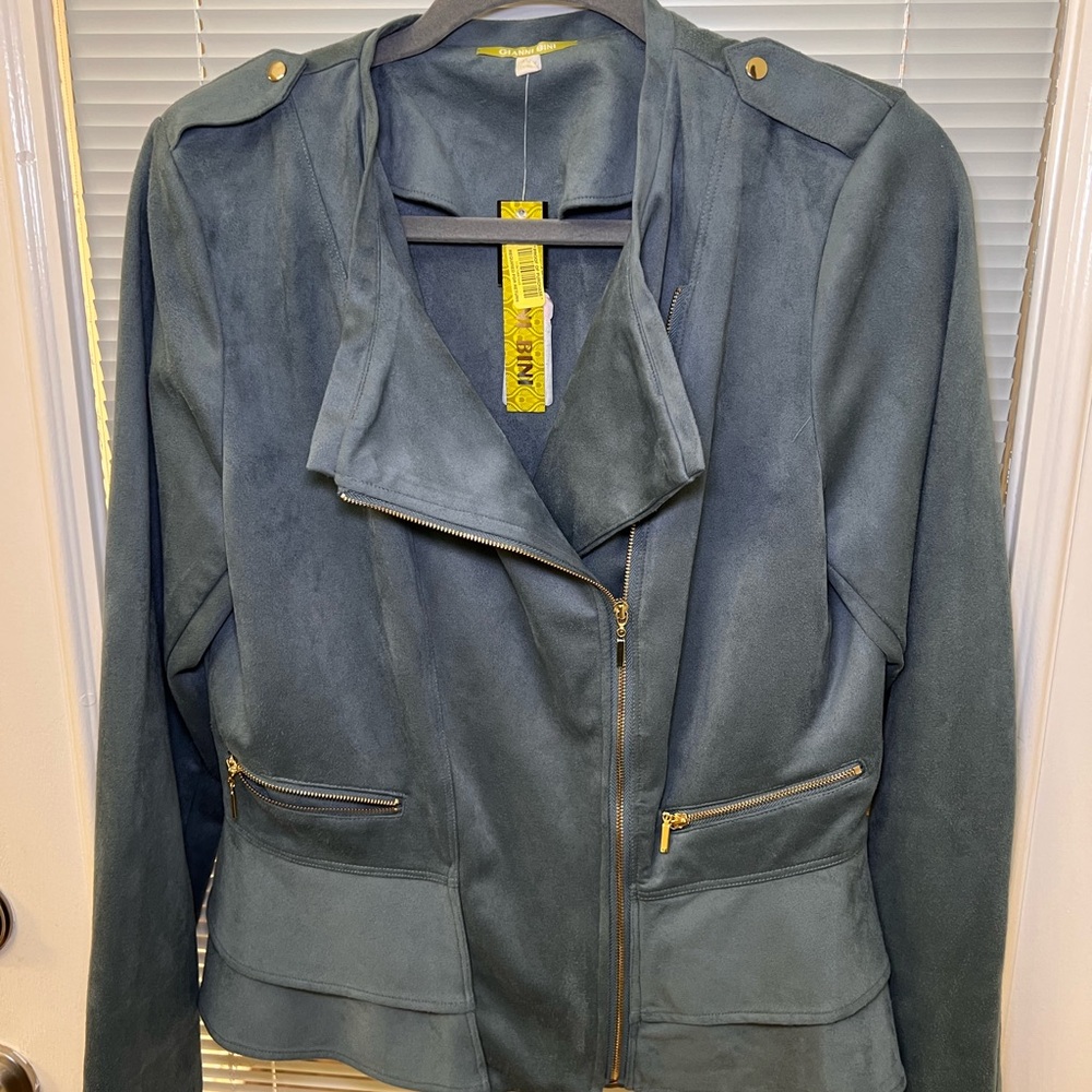 Gianni Bini Dark Teal Leather Jacket with Gold Details